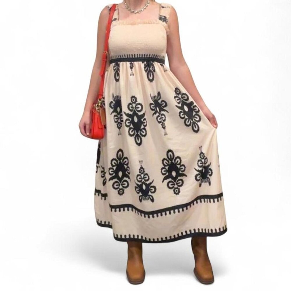 UEAL Boho Maxi Dress‎ – Cream & Black, Size M | Flowy Summer / Vacation Dress